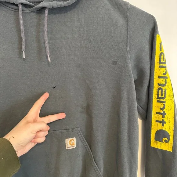 Carhartt Hoodie Sweatshirt Mens XL Gray Yellow Distressed Grunge Long Sleeve - Picture 4 of 10